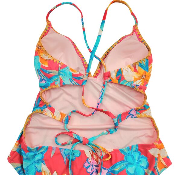 Cupshe Swimsuit Womens XL Pink Tropical Print Lace Up One-Piece Travel Beach - Picture 7 of 11